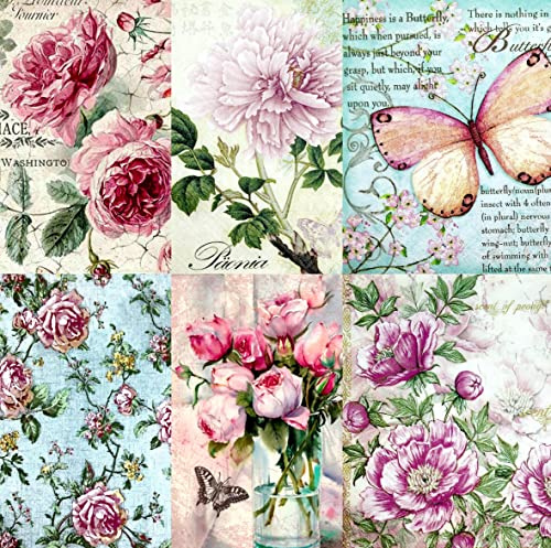 Carta di riso di gelso vintage a tema floreale, 20,5 x 26,5 cm, 6 x diverse immagini stampate in carta di gelso da 30 g/m², fibre visibili per decoupage, artigianato, tecnica mista, collage artistico