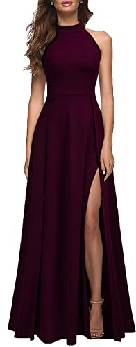 MUSHARE Women's Halter Neck Sexy Split Cocktail Party Maxi Long Formal Dress Burgundy