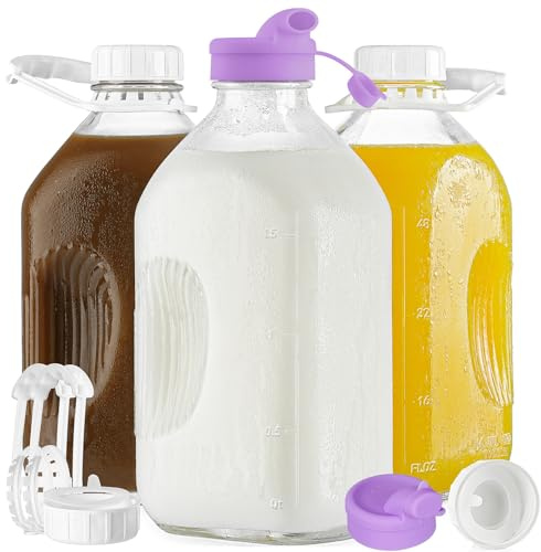 Ritayedet 3 Pack 64 Oz Heavy Duty Glass Milk Bottle with 2 Silicone Spouts, 4 Handles and 4 Reusable Airtight SCREW LIDS, 2 Qt Glass Water Bottle with 2 Exact Scale Lines - Milk & Juice Jug Pitcher