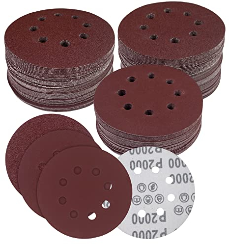 Fousenuk 100 pezzi Dischi Abrasivi ø125mm Carta, 8 Fori Carta Vetrata, Levigatrice, 40/80/120/180/320/400/600/800/1500/2000 Grit Applica Ideale per Levigatura/Lucidatura/Spolveratura