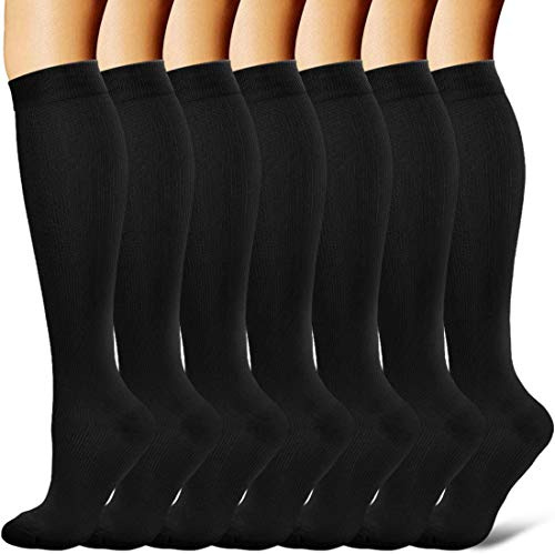 Gcbiger Calcetines de compresión para hombres y mujeres, 7 pares de circulación de 15-20 mmHg, el mejor apoyo para atletismo, enfermera, médico, correr, Negro, XXL