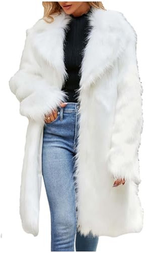 Damen Lange Pelzmantel Elegant Kunstfell Winterjacke Einfarbig Kunstpelze Jacke Dicke Warme Mantel Langarm Reverskragen Felljacke Wintermantel Übergangsjacke Große Größen Fellmantel Winter Pelzjacke