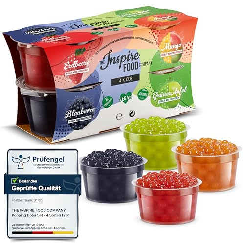 INSPIRE FOOD Bubble Tea Perles Set - 4x Tapioca Perles 100 grammes | Fraise, Mangue, Pomme Verte, Myrtille | Perle de tapioca pour bubble tea | 100% vegan et sans gluten