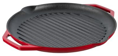 GRAND FEU Sartén Parrilla de hierro fundido con asas contorneadas - Sartén redonda para bistec Apta para todo tipo de estufas, estufas de gas, hornos, parrilla de gas - Ø34cm, Rojo