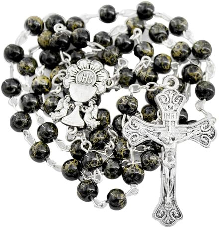 Elysian Gift Shop First Communion Boy Rosary with Black and Gold Round beads Silver Tone Chalice Centerpiece and Detailed Crucifix, One size, Zinc, No Gemstone