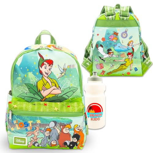 Peter Pan Mini Backpack for Kids - Kids Backpack Bundle with 13” Disney Backapck with Front Pocket, Water Bottle, More | Disney Mini Backpack Peter Pan