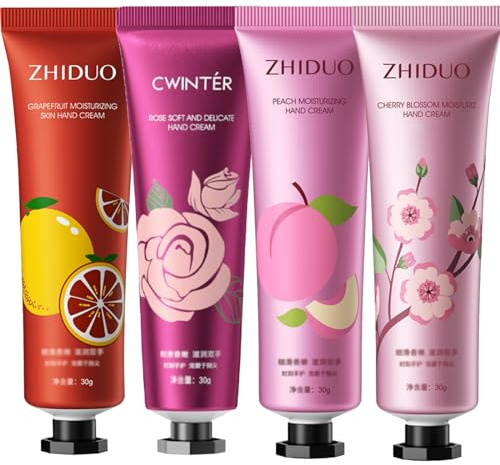 Set regalo di 4 creme per le mani da 30 g, per mani molto secche, non unge, idratanti e profumate, lozioni per la cura delle mani, confezione multipla (rosa, pompelmo, fiori di ciliegio, pesca)