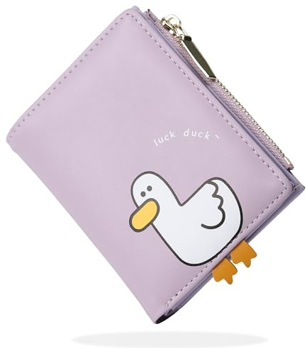 SNCCJ Süß Portemonnaie Damen, Bifold Leder Klein Geldbörse Damen mit RFID Schutz, Geldbeutel Mädchen mit Reißverschluss Münzbeutel (Ente Lila)