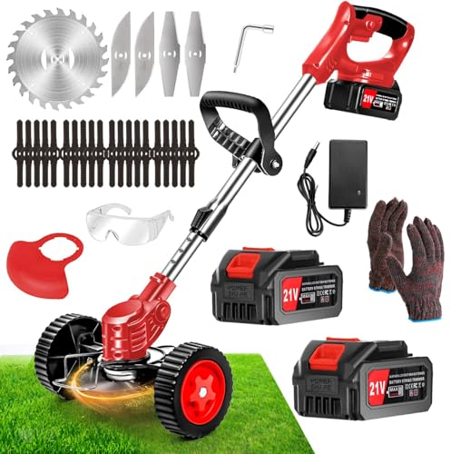 Xbzzgmg Rasentrimmer mit Akku, Akku Rasentrimmer mit 2 Akkus und 4 Messertypen Verstellbarer Freischneider, Teleskop-Freischneider Akku mit Geringem Geräuschpegel für Höfe, Gärten und Gehwegkanten