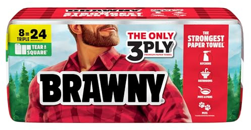 Brawny Tear-A-Square 3-Ply Paper Towels, 8 Triple Rolls = 24 Regular Rolls, Strong, Absorbent, and Durable with 3 Sheet Sizes (Quarter, Half, Full)