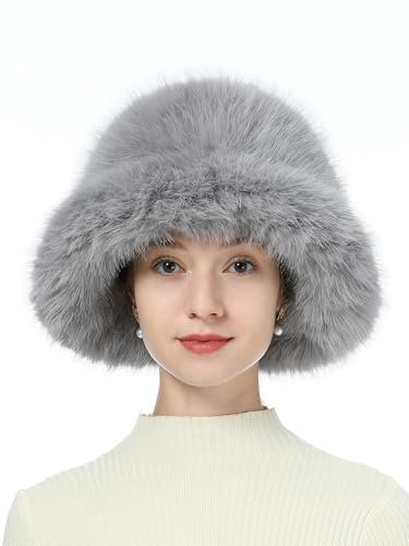 sy soul young Damen Winter Kunstpelz Plüsch Bucket Hat Wintermütze Fischerhüte Hut Pelz Warme Fischer Cap(Grau)