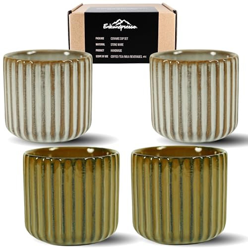 Erkundpresso. - 4 x 180 ml Tazas de Café de Cerámica sin Asa - Tazas de Café para Espresso para agua y té - Resistentes al Calor - Colores Retro - Juego de regalo - Blanco arenque + Verde