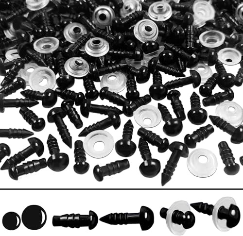 FANGZIDM 100 Stück Sicherheitsaugen mit Unterlegscheiben 5MM 7MM Schwarz Kunststoff Spielzeugaugen für Puppenherstellung Spielzeuge Zubehör DIY