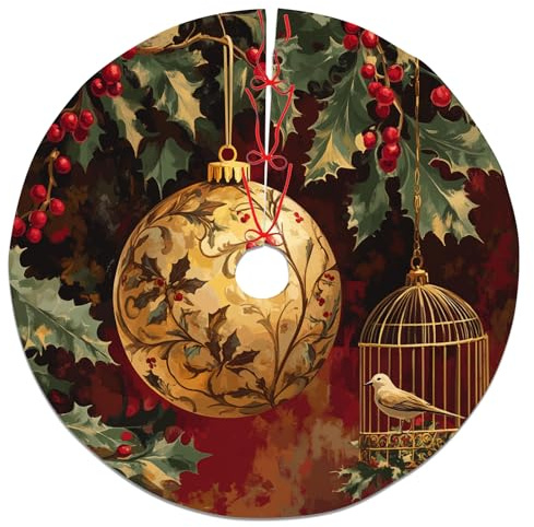 Gonna per albero di Natale con bacche di agrifoglio, ornamento vintage dorato per le vacanze, decorazione invernale per la casa, per interni ed esterni, 91 cm