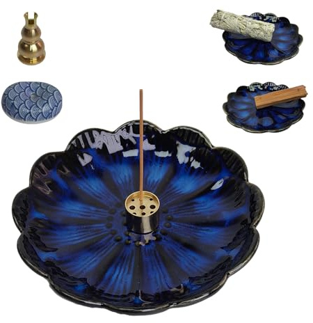 Ceramic Incense Holder for Sticks, Handmade Incense Burner Trays with 3 Pcs Incense Holes, Multi-Purpose Ash Catcher for Coils, White Sage & Palo Santo, Smudge Bowl for Meditation Yoga Decor (Blue)