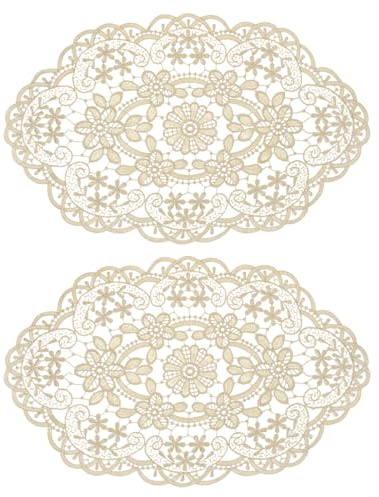 QUARKZMAN 2 Stück Retro Spitzen Tischset Spitzendeckchen 30x45 cm Ovale Bestickte Tischsets Französische Häkeldeckchen Untersetzer für Zuhause Hochzeit, Tawny