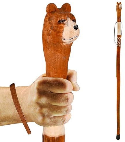 BODYTREE Wood Carved Walking Stick - Lightweight and Strong Wooden Treckking Pole & Cane for Men Women & Seniors - A Sculpted Hiking Gear (Bear)