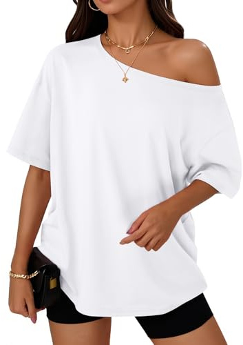 Trendy Queen Womens Off The Shoulder Tops Oversized T-Shirts Short Sleeve Tees Summer 2026 Casual Spring Clothes Workout Gym Y2k Cute Going Out Plus Size Fashion Clothing White S