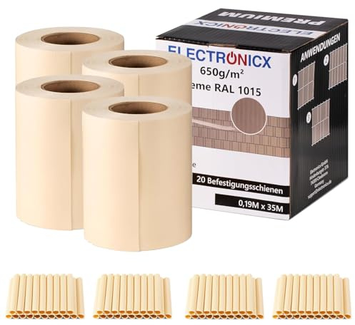 Electronicx Premium PVC Sichtschutzstreifen RAL 1015 Creme Hochwertige Zaunfolie Doppelstabmatten 140m (4x35m) x 19 cm 650g/m² UV-beständig, extra langlebig, Blickdicht 80 Befestigungsclips
