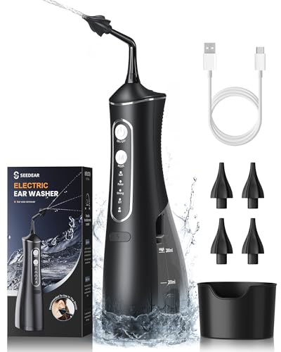 Electric Ear Wax Removal Kit, Ear Wax Cleaner with 4 Water Pressure Modes, Ear Cleaning Kit Safer and More Effective Ear Irrigation Flushing System, Earwax Removal Tool with 4 Nozzles (Silver-Black)