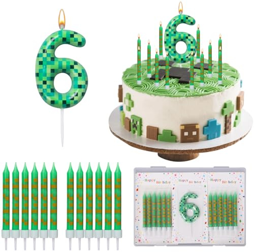 Dncvb Geburtstagskerzen Zahlen 6, 13 Stück Pixel Geburtstagskerzen, Miner Game Kerzen Geburtstag, Miner Game Tortendeko Zahlenkerze für Mädchen Jungen Kinder Geburtstagskerzen Torteparty Deko (6)