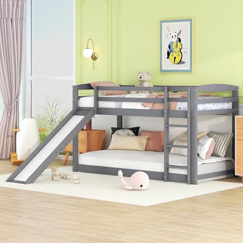 TOBIDOEN Etagenbett Kinderbett 90x200 cm für Kinder & Jugendliche, Hochbett mit Rausfallschutz, Sichere Rutsche & Leiter, Kiefer Bett mit Lattenrost, Einfache Montage, Grau, Ohne Matratze