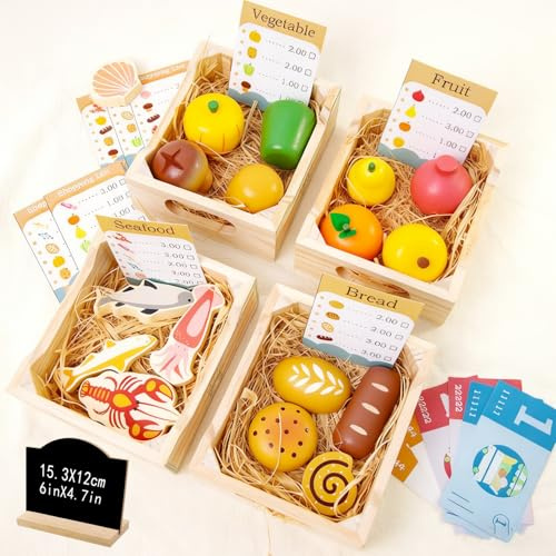 Benhurb Toy Wooden Play Food, Role Play Toys Shopping Playset, Wooden Toys | Toy Food Accessories with 4 Crates for Kids Age 3+, Pretend Play Kitchen Toys, Christmas Birthday Gift for Boys or Girls