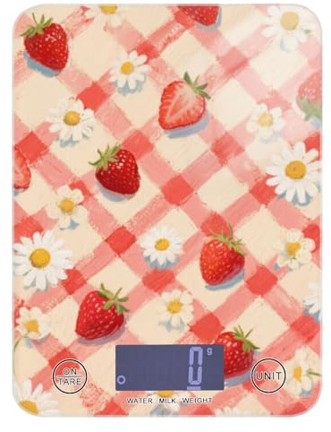 Balance alimentaire numérique avec écran LCD Motif fraises Rouge 5 kg/5 g 4 unités pour la cuisson et la cuisine (piles non incluses)