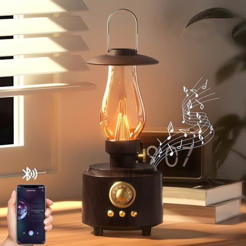AVEKI Vintage Kerosene Table Lamp with Bluetooth Speaker, Infinitely Dimmable Rechargeable LED Lights for Bedroom, IPX4 Waterproof Bedside Lamps for Camping Party Holiday Home Decor Gift (Woodgrain)
