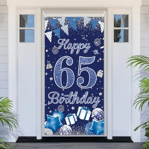PartyYaa Decoraciones de Pancarta de 65º Cumpleaños, Cubierta de Puerta de Feliz 65º Cumpleaños, Pancarta de Fiesta Extra Grande Azul Plateada Fondo de Cabina de Fotos Decoración Cartel Póster para