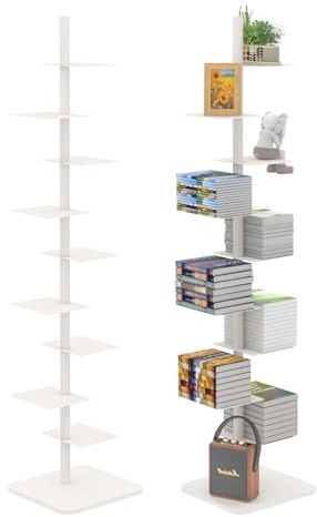 Choowin 9-Shelf Metal Spine Bookshelf Vertical Bookshelf, Adjustable Modern Floating Narrow Tree Book Shelf Book Tower, Display Shelf for Bedroom Living Room Office, 70 inch Tall, White