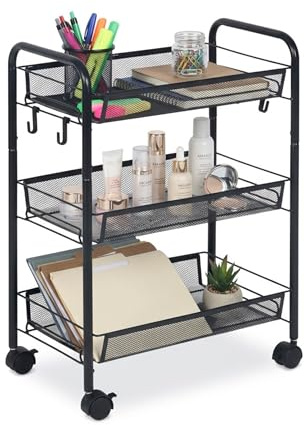 Relaxdays Rollwagen, 3 Mesh-Etagen, Servierwagen, Küchenwagen Bad & Büro, HBT 63x44,5x26 cm, Bastelwagen Metall, schwarz