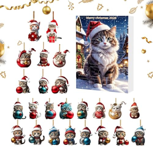 Adventskalender 2026 akryl jul katt gynnar 2D | 24 mini djur adventskalender hängande för öppen spis hylla julgran fönster fönster fönster hem kontor sovsal