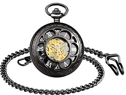 Unendlich U Herren Unisex Fashion Retro Handaufzug Mechanische Taschenuhr Hohle 6 Blütenblatte Skelett Kettenuhr Pullover Halskette Geschenkbox für Weihnachten Vatertag