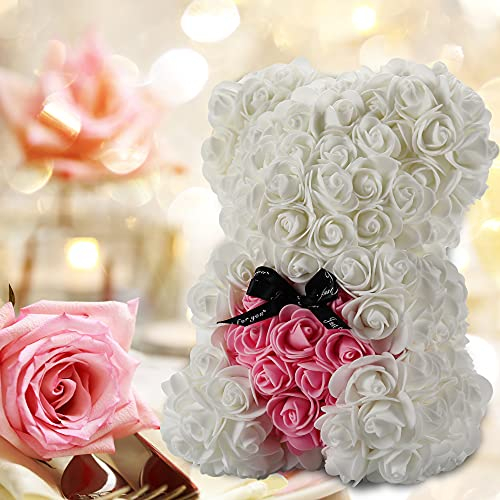 Handmade Rose Flower Bear - Artificial Teddy Bear Gift in Clear Box for Women, Birthday, Mom, Girls - Unique Party Decoration (White)
