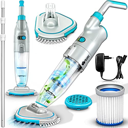tillvex Poolsauger mit Akku | Pool Bodensauger Teleskopstange elektrisch | Poolreiniger mit Filter & 2-Geschwindigkeits-System | Handsauger Reinigungsset kabellos (Bis zu 25 m³, 3,60 m Teleskopstange)
