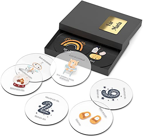 Plexiglas Meilensteinkarten Baby auf deutsch - 20 Meilensteinkarten aus rundem Glas mit personalisierter geschenkbox als Geschenk für die Geburt werdende Mütter (mit Geschenkbox inkl. Namensgravur)