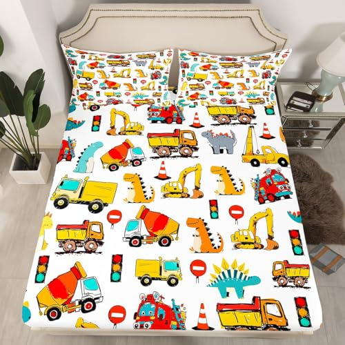 Dinosaur Bed Sheet Set Kids Cute Dino Construction Fitted Sheet Boys Girls Cartoon Equipment Trucks Excavator Decor Bedding Set Microfiber Dinosaurs Machinery Cars Bed Cover White Bedroom Queen Size