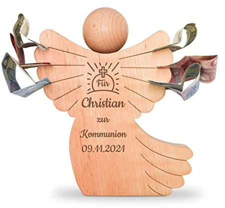 Holzengel mit Gravur - personalisierter Schutzengel zur Kommunion | Engel aus Holz Geschenkidee zur Kommunion, personalisierte Geschenke für Kinder und Baby Geschenkidee für Jungen und Mädchen