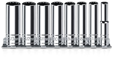 1/4 Inch Drive Socket Set - 8 Piece Metric 12-Point Deep Socket Set (6mm, 7mm, 8mm, 9mm, 10mm, 11mm, 12mm, 13mm)- Chrome Vanadium Steel with Sturdy Holder - 50BV30