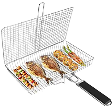 Upgrade Deepen - Cestino portatile per barbecue, in acciaio inox, con manico rimovibile, perfetto per grigliare bistecche, salmone, verdure
