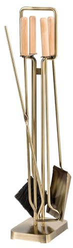 Modern Ember Levi Kaminbesteck aus Altmessing, inkl. Bürste, Schaufel, Schürhaken, Zange und Ständer, Stahlkonstruktion