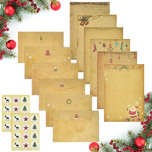 TANCUDER 24 PCS Papier à Lettre Noël Papier à Lettre Vintage et Enveloppe Carte et Enveloppes Kraft 6 Styles Cartes de Vœux de Noël Vierges avec 24 Autocollants pour Remerciement Invitation Artisanat