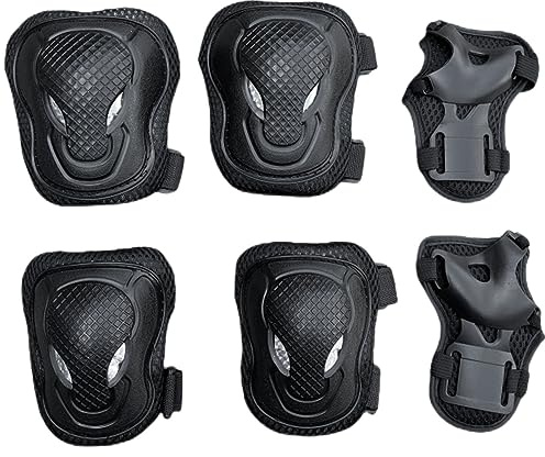 ATBUSS Set di 6 protezioni per bambini, protezione per bambini, ginocchiere per pattinaggio, skateboard, pattinaggio, ciclismo (nero)