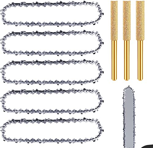Aicharynic 5 Stück Sägeketten 6 Zoll Kettensäge Kette, Kettensägenketten Antriebsglieder Universal Kette für Kettensäge Kompatibel mit allen 6 Mini Kettensägen Zimmerei mit 3 PCS Kettensägenschärfer