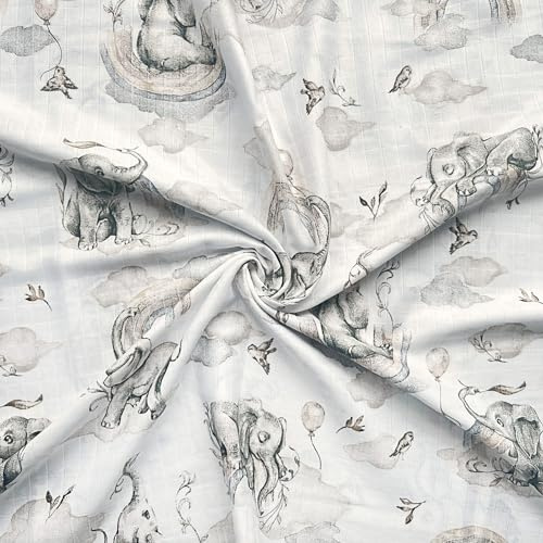 Textrend Baumwollstoff als Meterware - Baumwollmusselin - Stoff zum Nähen - 100% Baumwolle - Textilien 1x1,6m - Animalische Muster (Pastellfarbene Elefanten mit Regenbogenbeige)