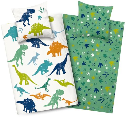 Aminata kids Dino Bettwäsche 135x200 Jungen Baumwolle Dinosaurier-Dino-Motiv Kinder-Bettwäsche-Wende-Set T-Rex | mit Reißverschluss grün Jungen-Geschenk