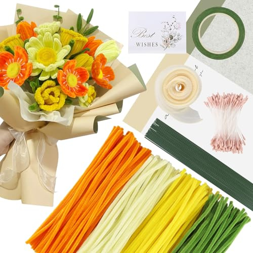 300 Stück Pfeifenreiniger Blumen, Komplette Pfeifenreiniger Blumenstrauß mit Stamen,Stem,Geschenkpapier and Grußkarte, Pfeifenputzer zum Basteln Blumenstrauß für DIY Bastelprojekte und Deko