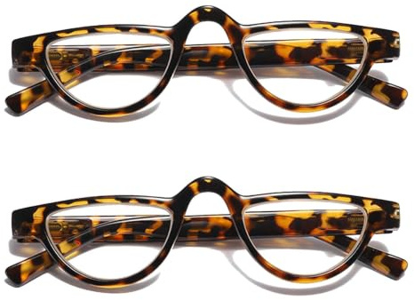 Hubeye 2 Paar Halbmond Lesebrille für Damen und Herren Streifen Kunststoff Halbrahmen Federscharnier Lesehilfe mit Brillenholster 2.00