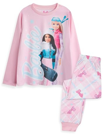 Barbie Girls Pyjama Set | Childrens Snow Winter Ski Snowboard Doll Graphic PJs | Seasonal Long Sleeve Long Leg Complete Matching Nightwear Set | Toy Fashion Series Merchandise Gift for Kids Pink